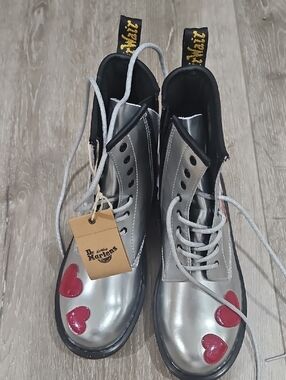 Dr. Martens Silver Boots with Red Heart Accents